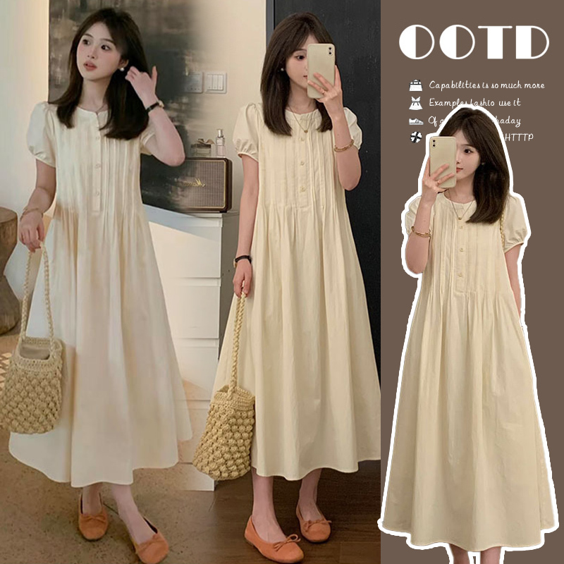 Maternity Summer Dress Short-Sleeved Round Neck Elegant Long Dress 2026 New Summer Petite Loose Belly-Covering Korean Style