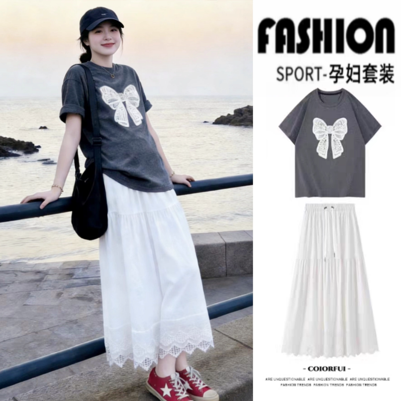Maternity Wear Summer Suit 2026 New Large Size Short-Sleeved T-Shirt Skirt Prenatal Check-Up Pregnant Mother High-End Outfit