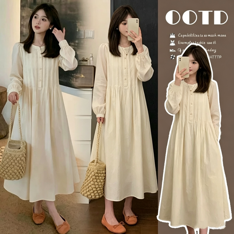Maternity Summer Dress Long-Sleeved Round Neck Elegant Long Dress 2026 New Autumn Petite Loose Belly-Covering Korean Style