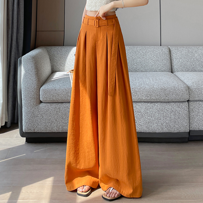 Drapey Loose Ice Silk Linen Wide-Leg Pants for Women, Summer Thin Dopamine Orange Pants, High-End Three-Dimensional Suit Pants