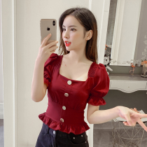 2021 summer dress new Korean side collar backless short shoulder chiffon top women waist slim short sleeve shirt