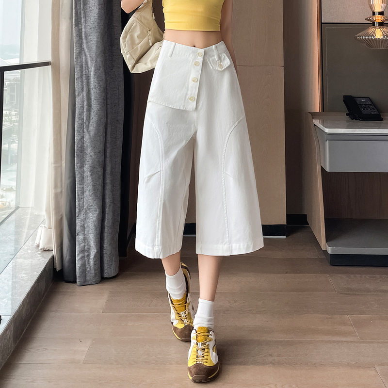American-Style Super Stylish White Pants for Women, New Summer Model for Petite Figures, Cropped Straight-Leg Workwear Wide-Leg Mid-Length Pants