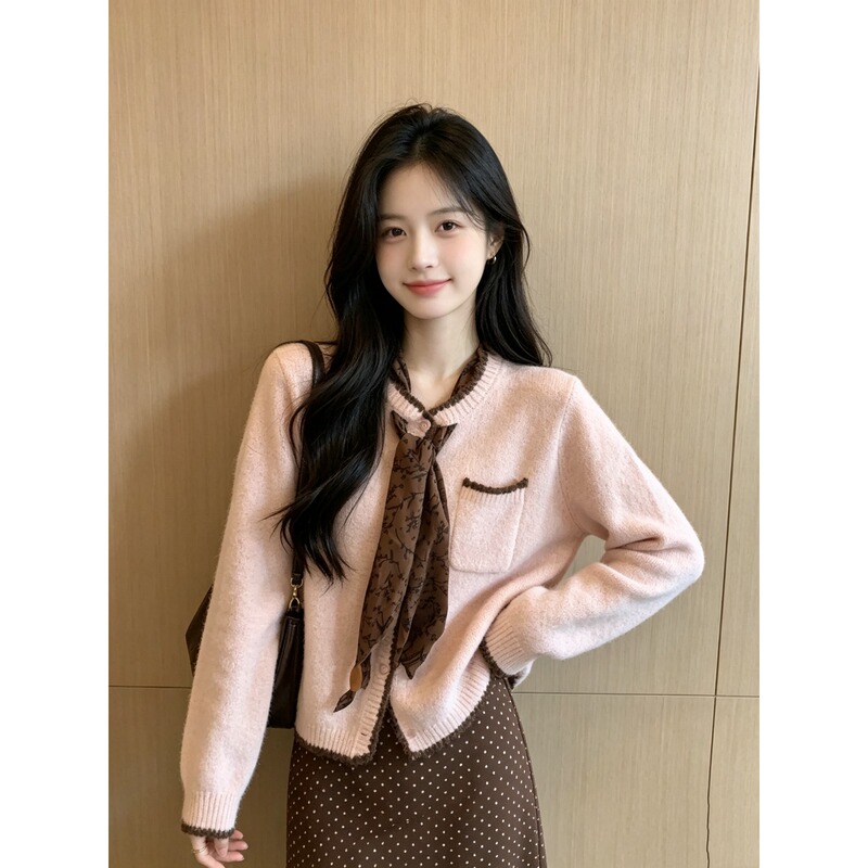 Designed Halter Neck Silk Scarf Round Neck Pink Long-Sleeved Top for Women in Autumn, Lazy Style, Soft and Comfortable, Age-Reducing Knitwear Designed Halter Neck Silk Scarf Round Neck Pink Long-Sleeved Top for Women in Autumn, Lazy Style, Soft and Comfortable, Age-Reducing Knitwear