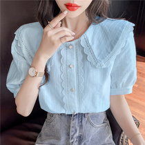 Summer thin short sleeve t-shirt womens summer 2021 New jacket design sense niche doll collar chiffon shirt