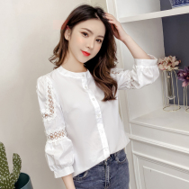 Autumn clothing 2021 New temperament thin hollow lace stitching lamp sleeves foreign style fashion casual white shirt Women
