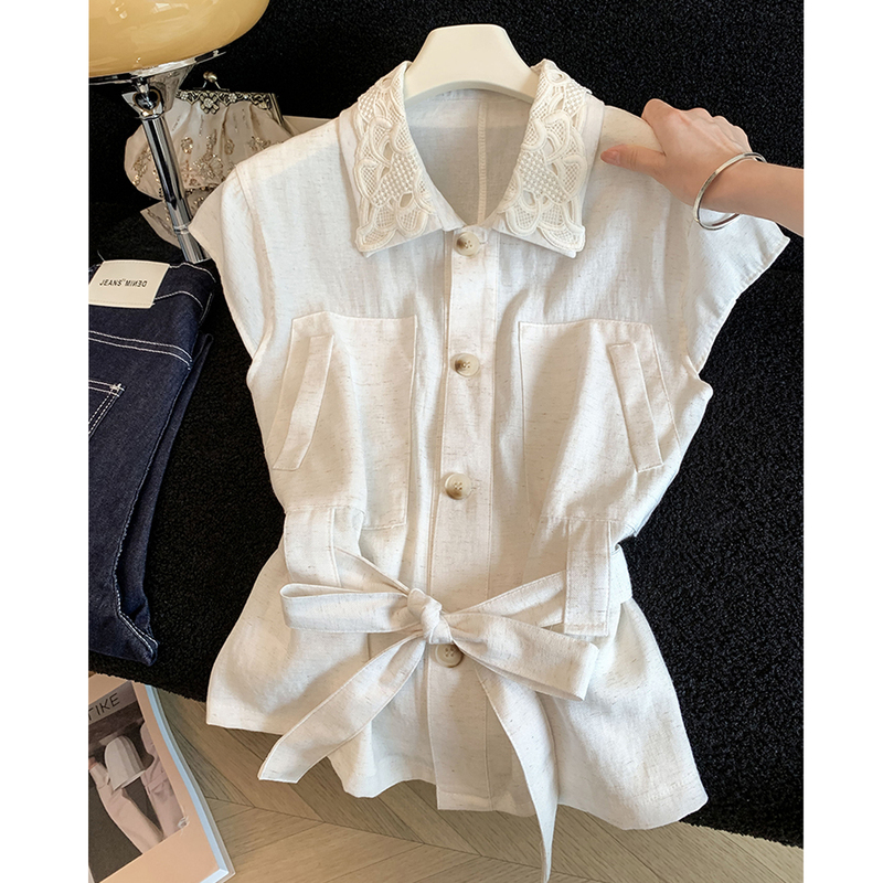 Old Money Style Sleeveless Waist-Cinching Ramie Shirt for Women, Summer European Style Lace Embroidered Polo Collar Top