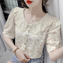 Hipster doll collar floral chiffon shirt womens short sleeve 2021 new aged small shirt foreign style short top summer