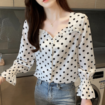 2021 Autumn New sweet foreign wave spot chiffon shirt women long sleeve fashion temperament shirt loose Joker top