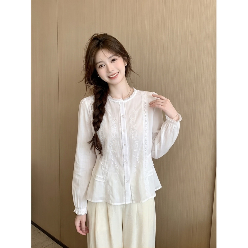 French Sweet Style Lace Embroidered Jacquard Round Neck Shirt for Women, Autumn Exquisite Versatile Trendy Age-Reducing Workwear Top French Sweet Style Lace Embroidered Jacquard Round Neck Shirt for Women, Autumn Exquisite Versatile Trendy Age-Reducing Workwear Top