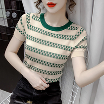 Striped short sleeve T-shirt female slim European station 2021 summer New tight high waist short thin knitted top