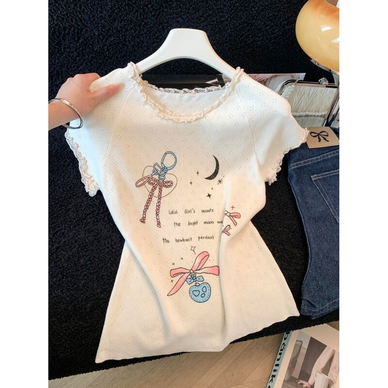 Sweet Lace-Trimmed Ice Silk Knit Top for Women, Summer Dopamine Print, Youthful and Beautiful Slim-Fit Short-Sleeve T-Shirt