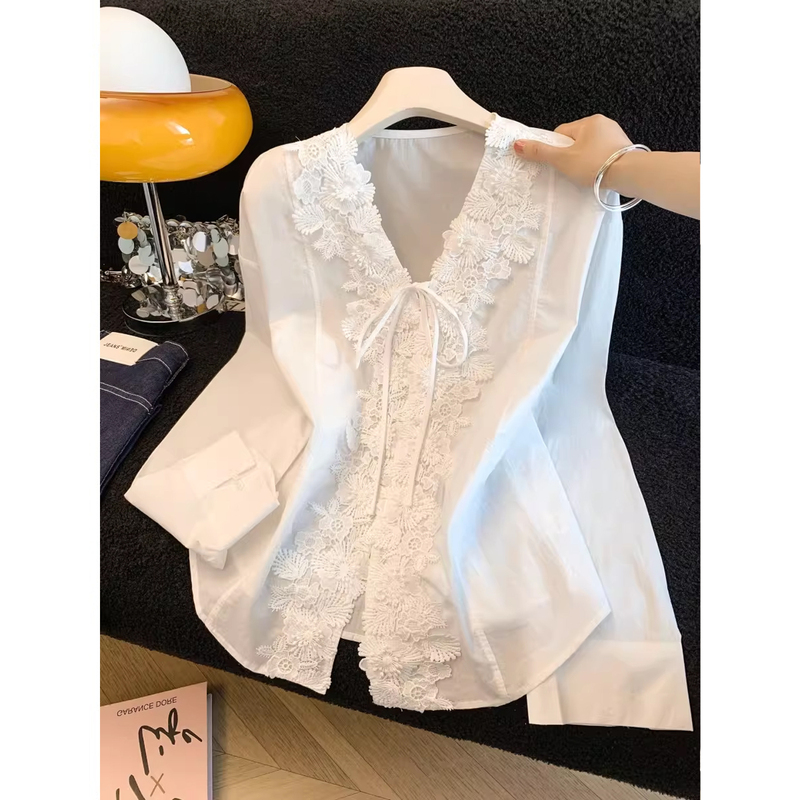 Guangzhou Thirteen Rows Women's Clothing ~ Lace V-Neck Sunscreen White Shirt ~ Spring and Summer Loose Tie-Up Elegant Top
