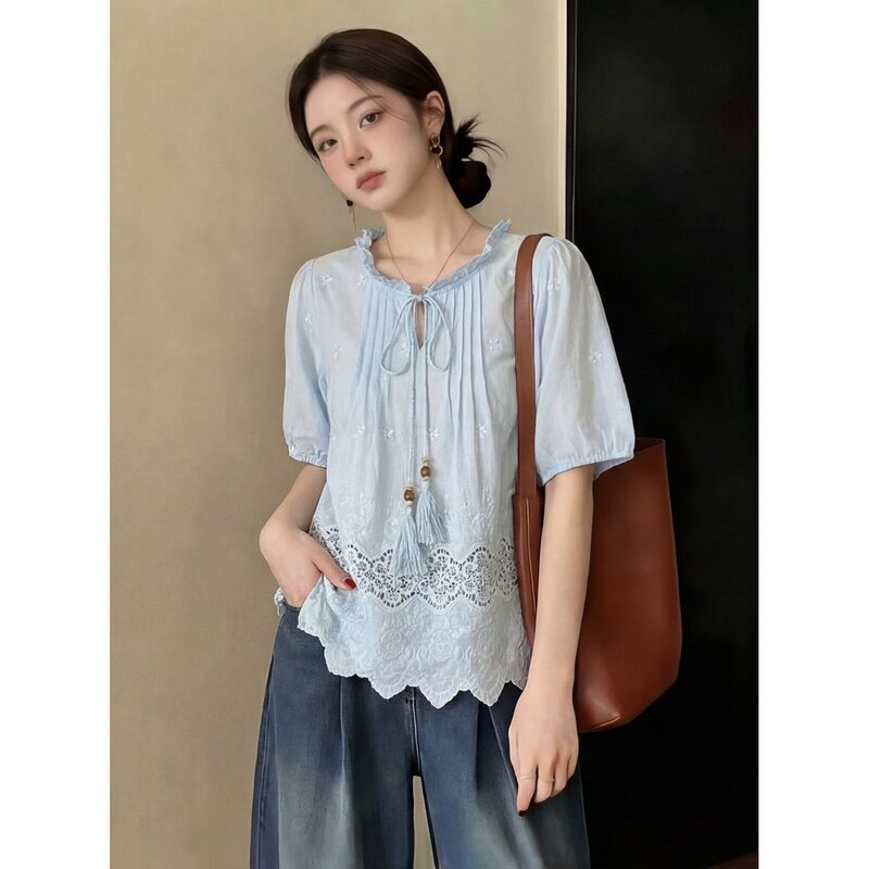 Bohemian Tassel Hollow Embroidery Short-Sleeved Shirt for Women Summer New Style Lace Trim Zen-Style Blouse Tie-Up Top