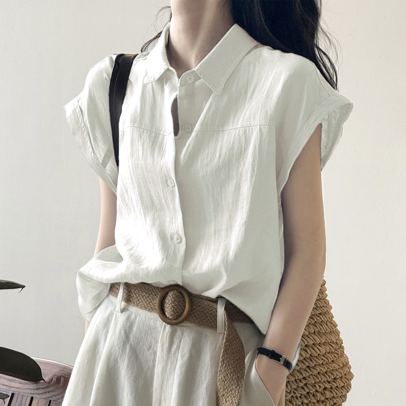 Linen Short-Sleeved White Shirt for Women, Summer White Shirt, Japanese Style Workwear, Women's Clothing, Small Flying Sleeves, Sleeveless Cotton and Linen Top