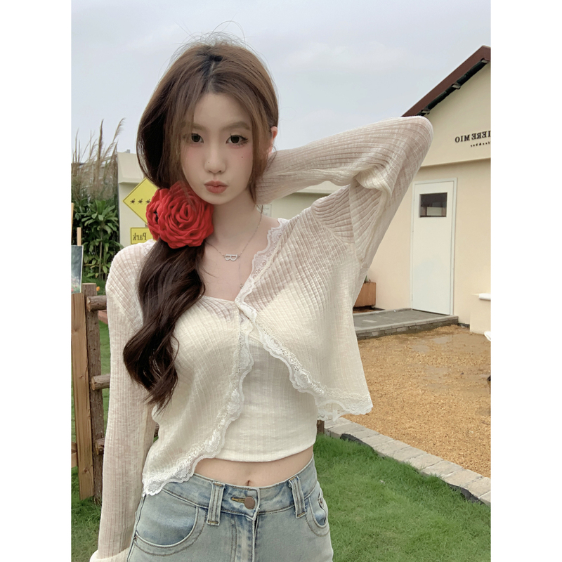 White V-Neck Lace-Trimmed Ice Silk Sun Protection Cardigan for Women, Thin Summer Camisole Outerwear, Sheer Jacket, Shawl