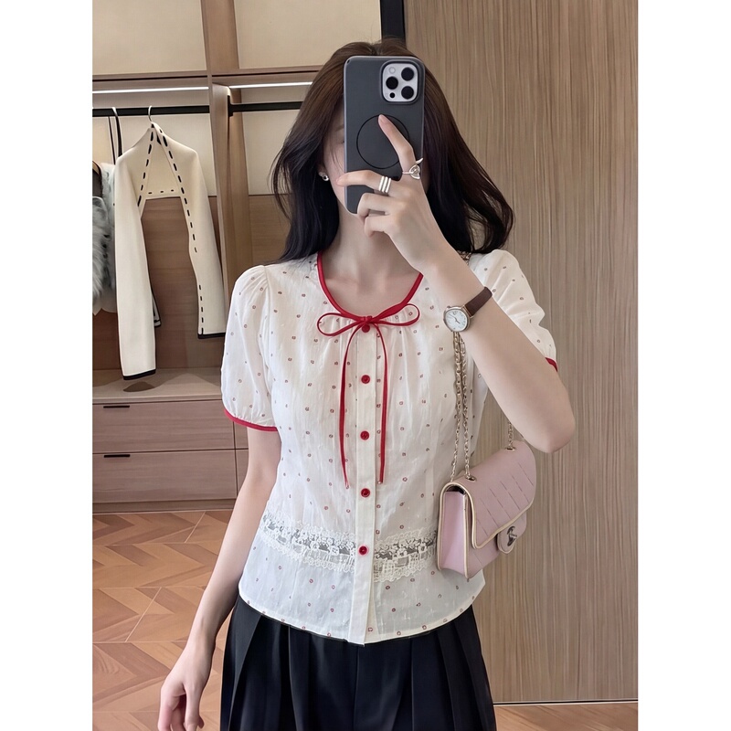 Unique Design Lace Patchwork Printed Shirt for Women, Summer Short-Sleeved Age-Reducing Red Polka Dot Babydoll Top