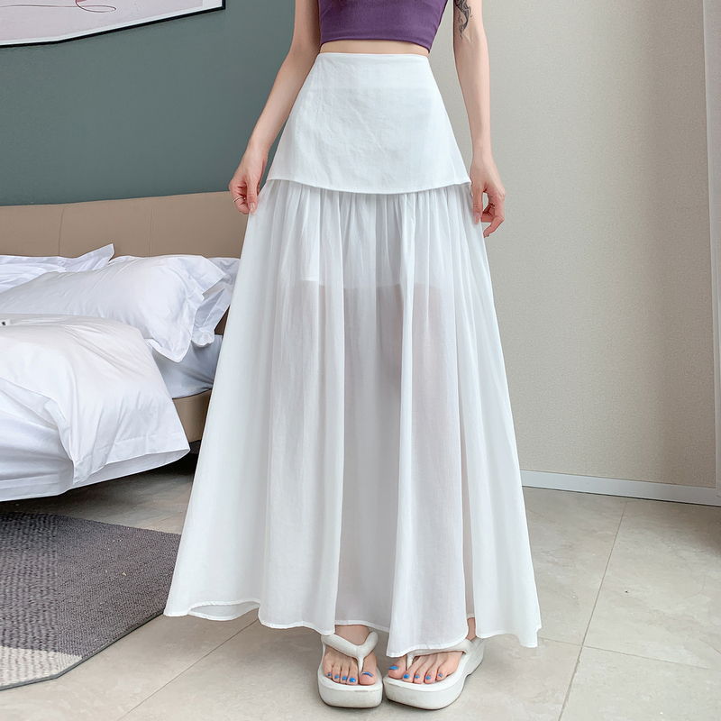Mesh Pleated Cotton-Linen Skirt for Women, Summer High-Waisted, Slightly Sheer, Slimming A-Line Ankle-Length Skirt