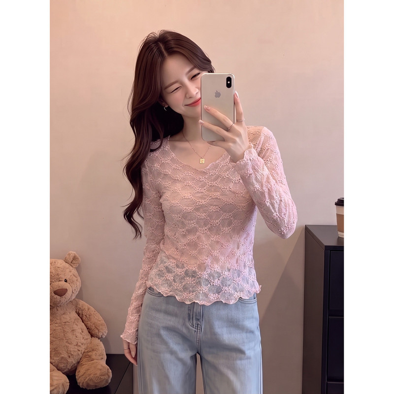 Pink Hollow-Out Sheer Round-Neck Mesh Long-Sleeve Lace Blouse for Women, Autumn Design, Slim Fit, Sun-Protective Top