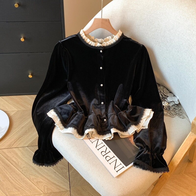 High-End Black Velvet Long-Sleeved Shirt for Women in Autumn and Winter, French-Style Ladylike Style, Waist-Cinching, Age-Reducing, Ruffled Top