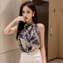 Korean version of temperament careful machine off the shoulder thin floral chiffon shirt sleeveless neck vest chiffon top female summer wear