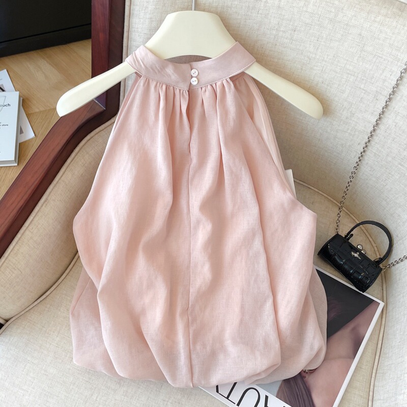 Sleeveless Halter Neck Cotton and Linen Shirt for Women, Summer Wear, Pure and Desirable Pink Floral Top That Covers the Belly Sleeveless Halter Neck Cotton and Linen Shirt for Women, Summer Wear, Pure and Desirable Pink Floral Top That Covers the Belly