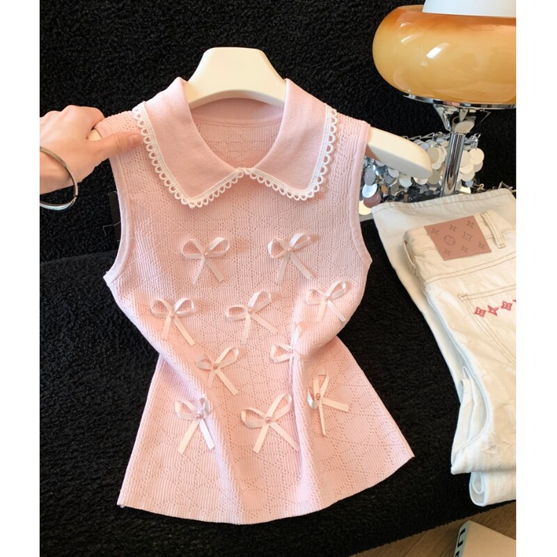 Unique, Beautiful, and Chic Pink Vest for Women, Summer Style, French Style, Age-Reducing, Sleeveless, Collared, Knitted Top Unique, Beautiful, and Chic Pink Vest for Women, Summer Style, French Style, Age-Reducing, Sleeveless, Collared, Knitted Top