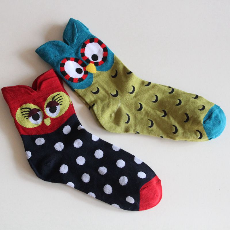 Japanese Style Women's Socks with Cartoon 3D Owl Cute Animal Expressions Ladies' Cotton Short Socks