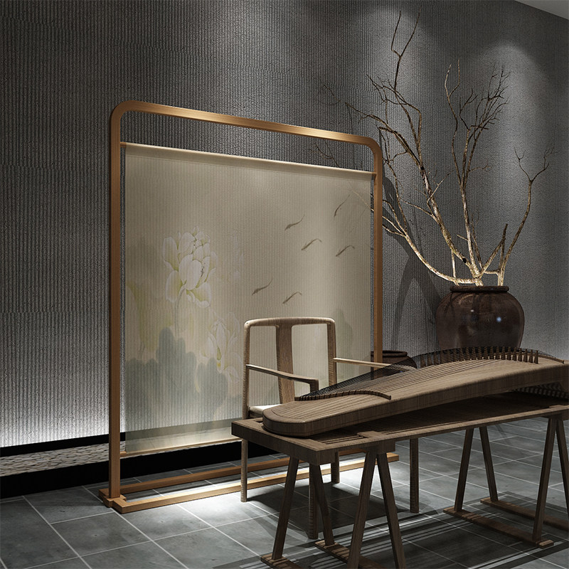 Chinese solid wood screen partition Xuanguan curtain soft partition cotton linen fabric Double face seat screen Fashion living room mobile yarn screen