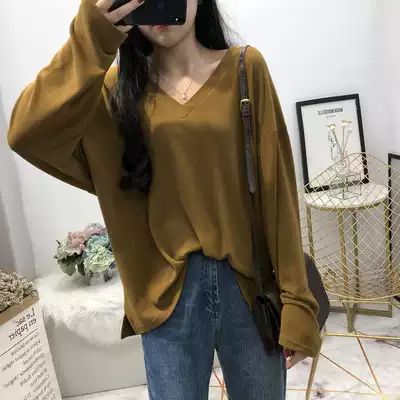 Fat sister loose thin lazy wind V neck knitted T-shirt 2021 autumn new large size women's base shirt coat