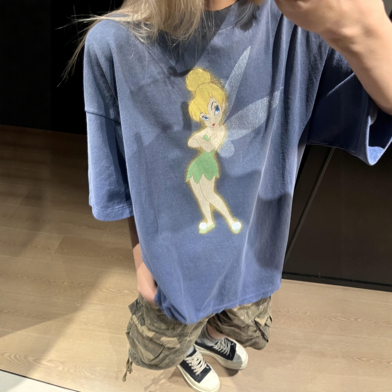 Correct Version/Jennie's Same Style Elf Short-Sleeve Washed Vintage T-Shirt Trendy Loose Pure Cotton Casual Print