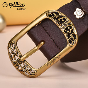 Goldlion Women's Genuine Leather Belt, Vintage Pin Buckle, Casual Versatile Cowhide Belt for Women, Decorative Belt for Skirts and Pants, Gift Box
