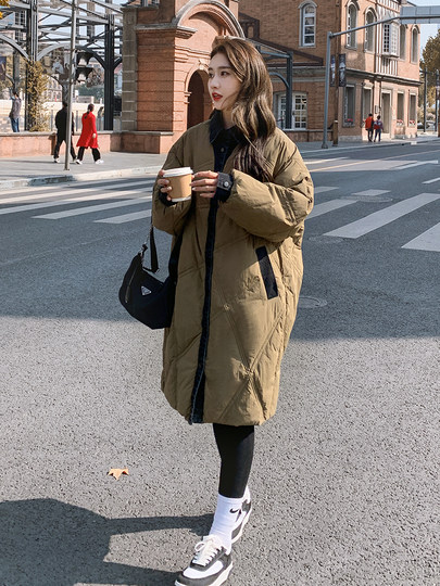 Denim splicing design rhombus plaid down jacket women's mid-length winter coat thickened 2025 fried street white duck down