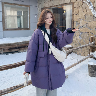 Purple Hooded down Jacket for Women, Winter Coat 2025, Mid-Length, Petite, Korean Style, Casual, College Style, Puffer Jacket