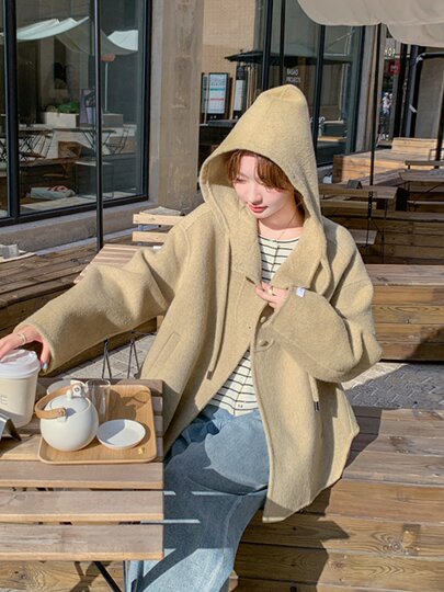 Apricot hooded woolen coat jacket for women autumn and winter 2025 fashion casual niche design double-sided woolen top