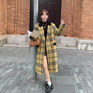 Yellow Plaid Woolen Coat for Women 2025 Winter Mid-Length Hepburn Style Korean High-End Thick Woolen Coat