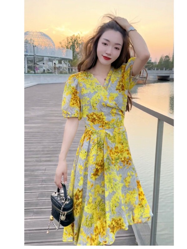 Trendy Floral Dress for Women, New Summer Style, One-Piece Wrap-Around Waist-Cinching Slimming Tie-Up Yellow Dress, Trendy