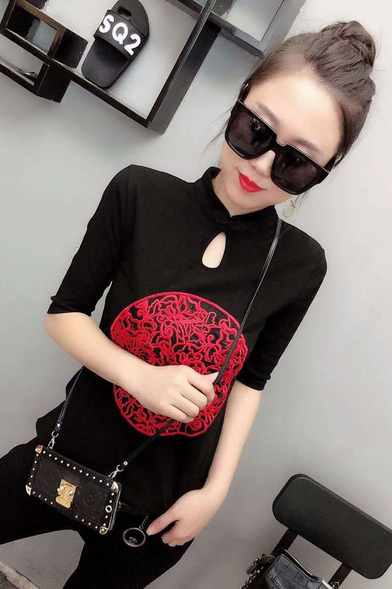 2019 mới áo thun ngắn tay nữ retro phong cách Trung Quốc nửa cổ áo thêu đáy áo sơ mi nữ áo sơ mi nửa tay - Áo phông áo thun có cổ nữ