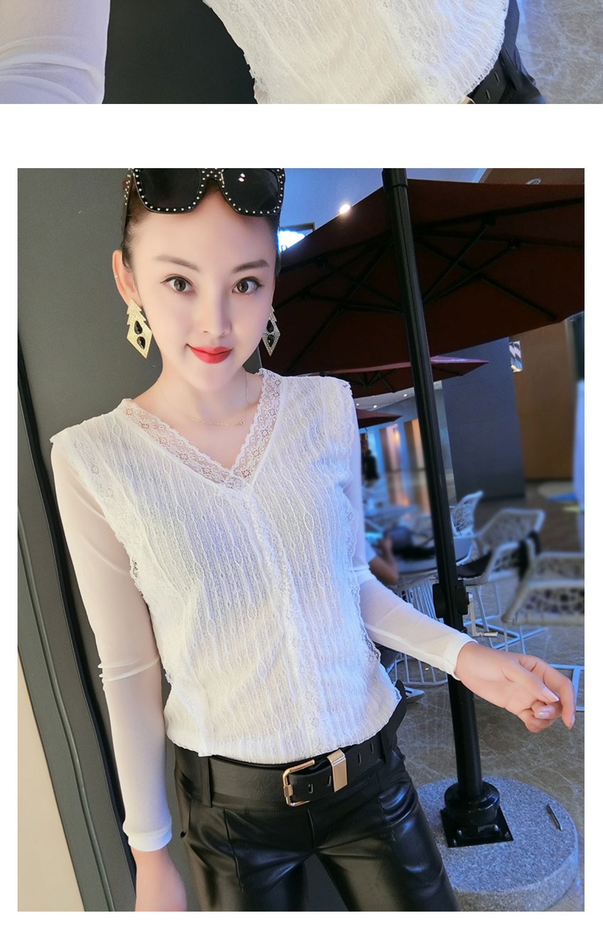 Hàng châu Âu mùa thu mới V-cổ ren áo voan dài tay lưới khâu kích thước lớn áo thun nữ nước ngoài cơ sở áo sơ mi thủy triều áo sơ mi cách điệu