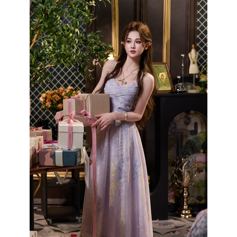 Tuntun Spring/Summer [Happy Anniversary] Monet Garden Light Purple and Yellow Gradient Print Camisole Dress