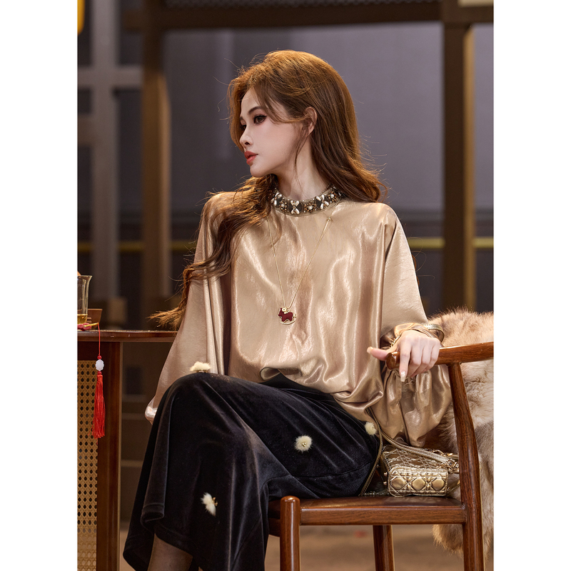 Tuntun Autumn/Winter [Golden Jubilee Shirt] Luxurious Satin Sheen Exquisite Chinese-Style Fan-Shaped Floral Shirt