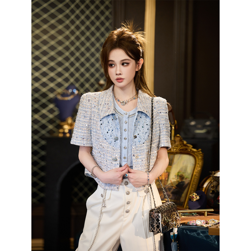 Tuntun Spring/Summer [Mermaid Bay] Blue Silver Tweed Patchwork Lapel Short Jacket
