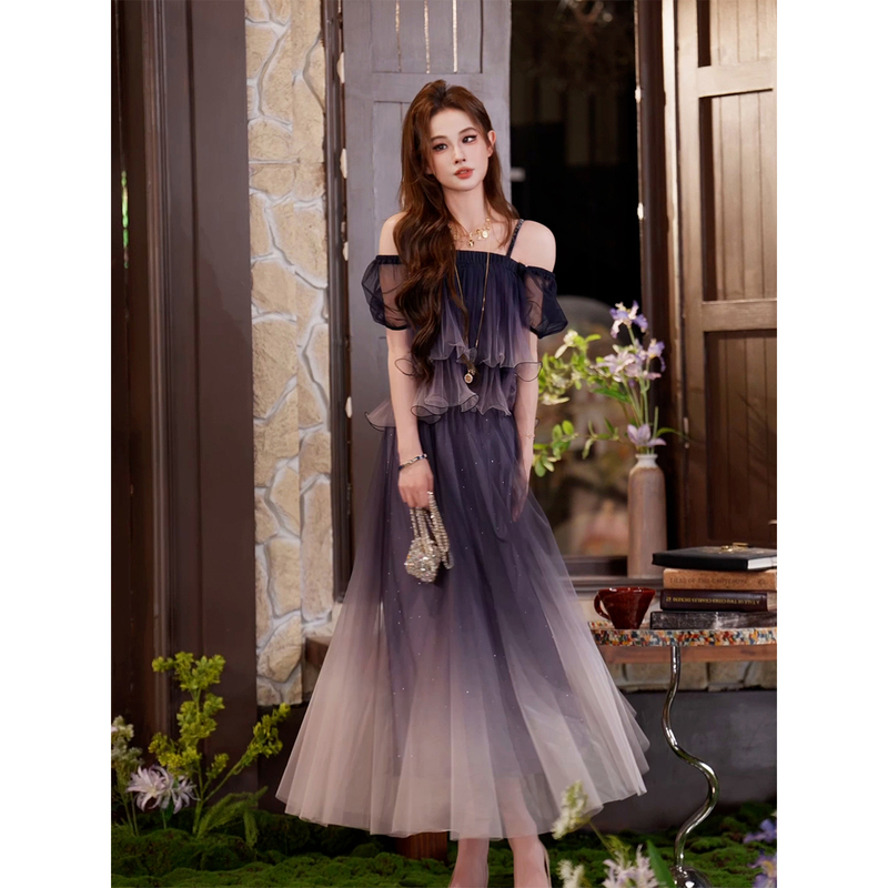 Tuntun Spring/Summer [Fairy Godmother] Hazy Dreamy Gradient Purple Fine Glitter Mesh Rhinestone Skirt
