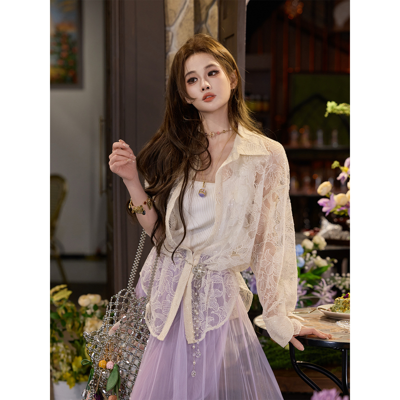 Tuntun Spring/Summer [Early Summer] Slightly Sheer Textured Glitter Sequin Lace Three-Dimensional Floral Embroidery Shirt
