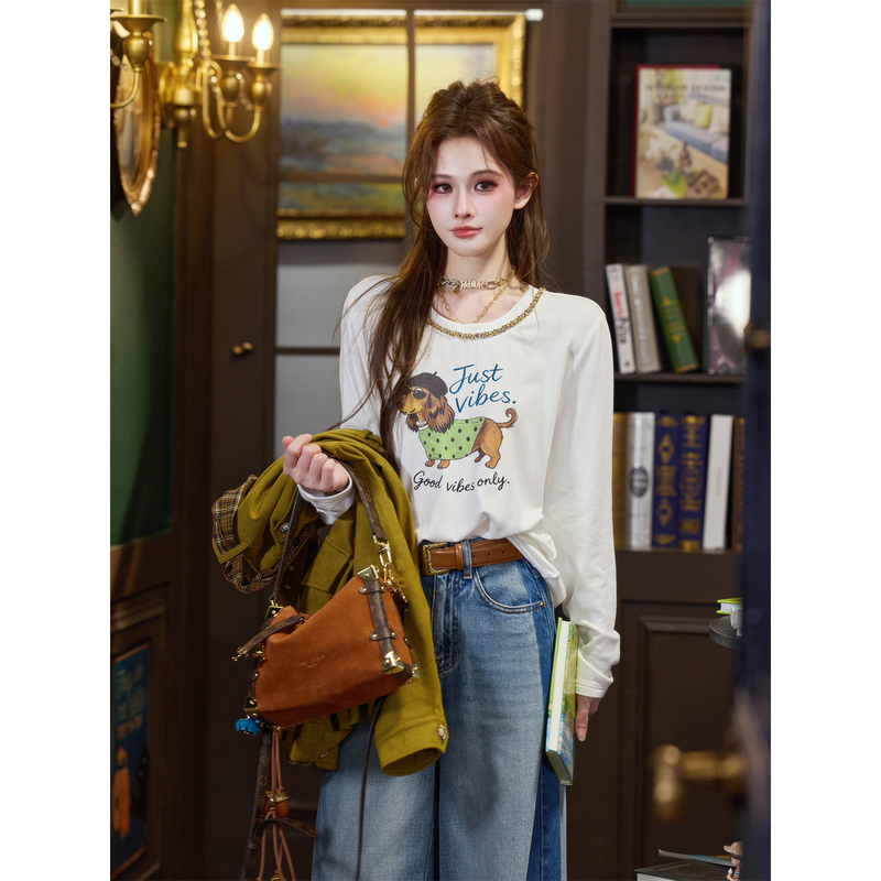 Tuntun Autumn/Winter [Puppy Walking t] Relaxed and Cute Chain Round Neck Fun Puppy Print T-Shirt