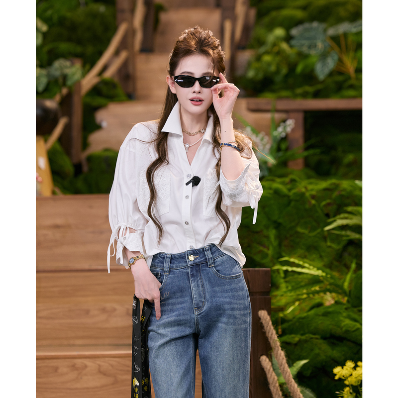 Tunt Spring/Summer [Floral Knot] Lazy and Relaxed Style French Lace Adjustable Tie Cuff Shirt
