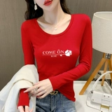 Красный приятный телу осенний модный хлопковый лонгслив, круглый воротник, в обтяжку, коллекция 2023