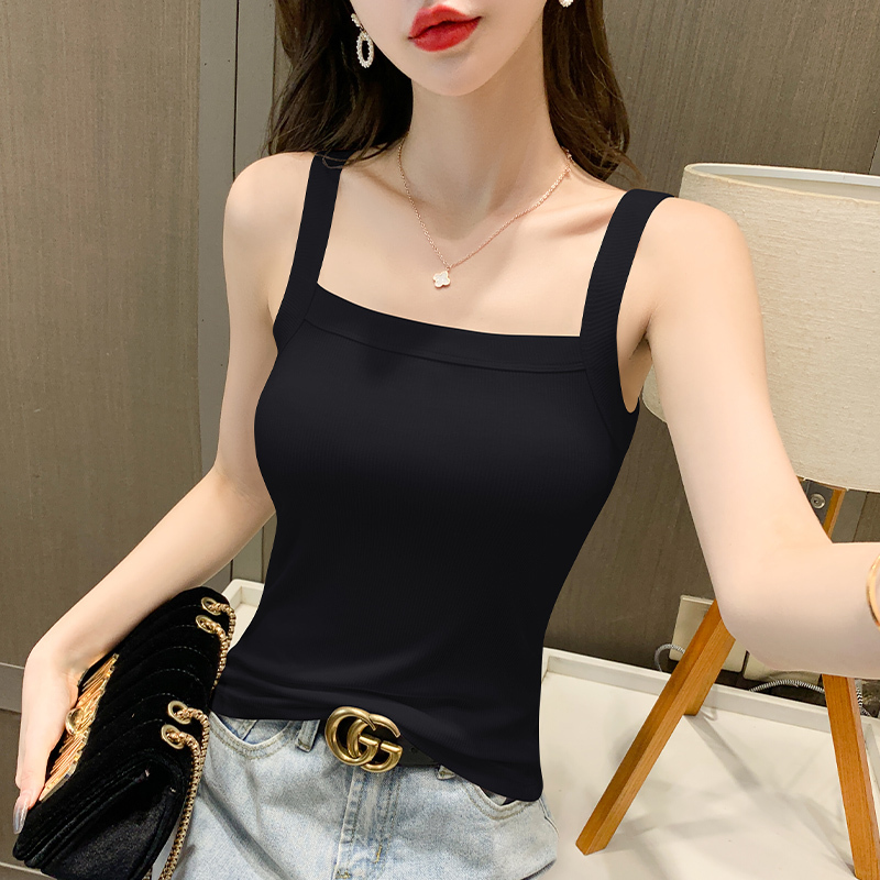 Black Square-Neck Camisole for Women, Suitable as an Inner Layer for a Suit, Summer New Ribbed Backless Short Top