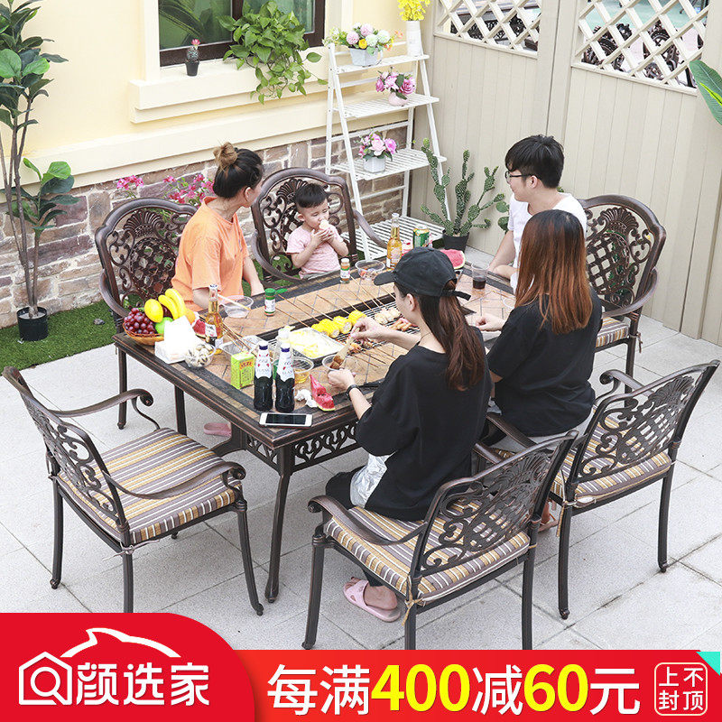 Outdoor table and chair Villa garden household cast aluminum charcoal barbecue table Outdoor stall Commercial electric barbecue grill Dining table and chair