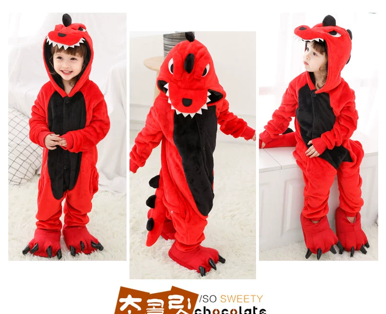 Mùa thu và mùa đông khủng long đỏ flannel bé phim hoạt hình liên kết đồ ngủ bé trai và bé gái san hô lông cừu dịch vụ nhà