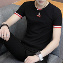 Summer short-sleeved mens T-shirt Slim Korean round neck cotton stretch half-sleeved clothes summer student base shirt body shirt